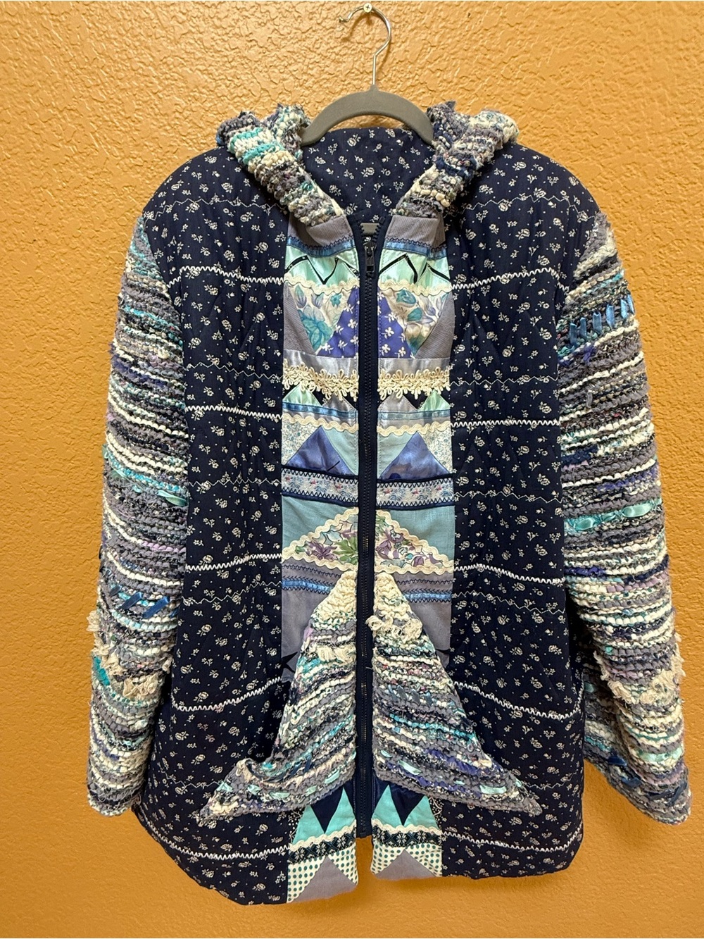 Handmade Quilted Patchwork Jacket in Navy & Teal - 1X Plus